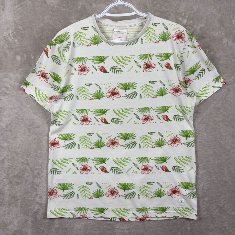 Denim & Flower Ricky Singh T Shirt Mens L Tropical Hibiscus Floral White Summer